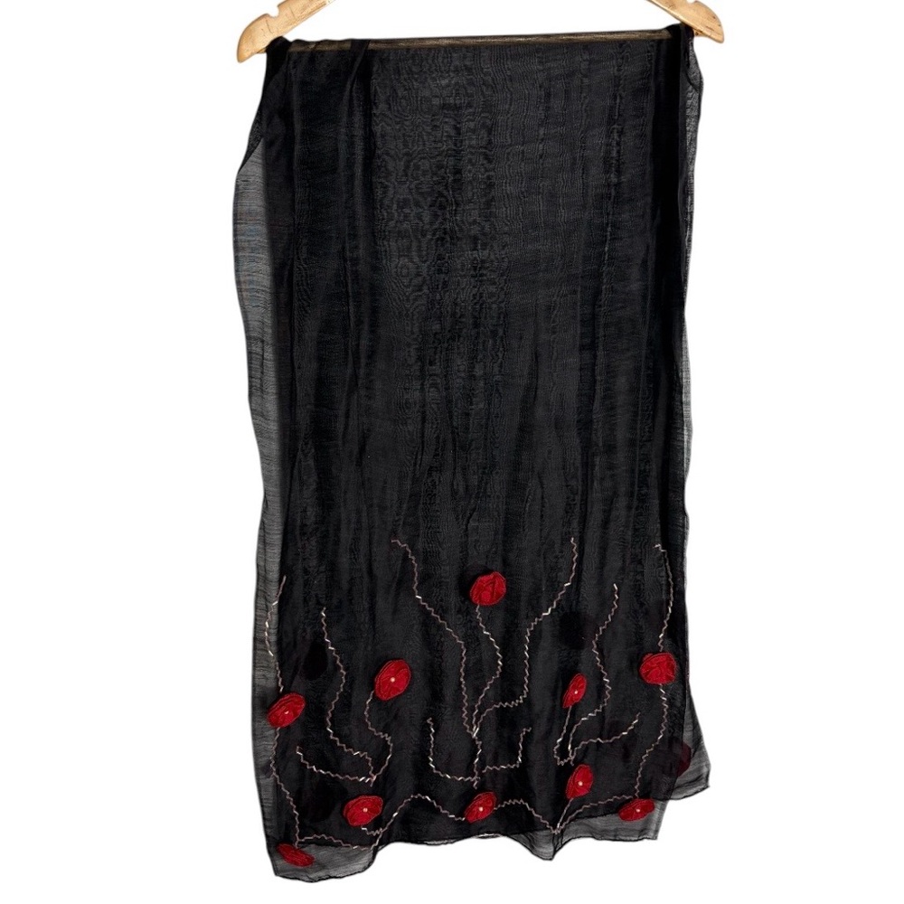 Sheer Black Scarf with Red Floral Embroidery & beading